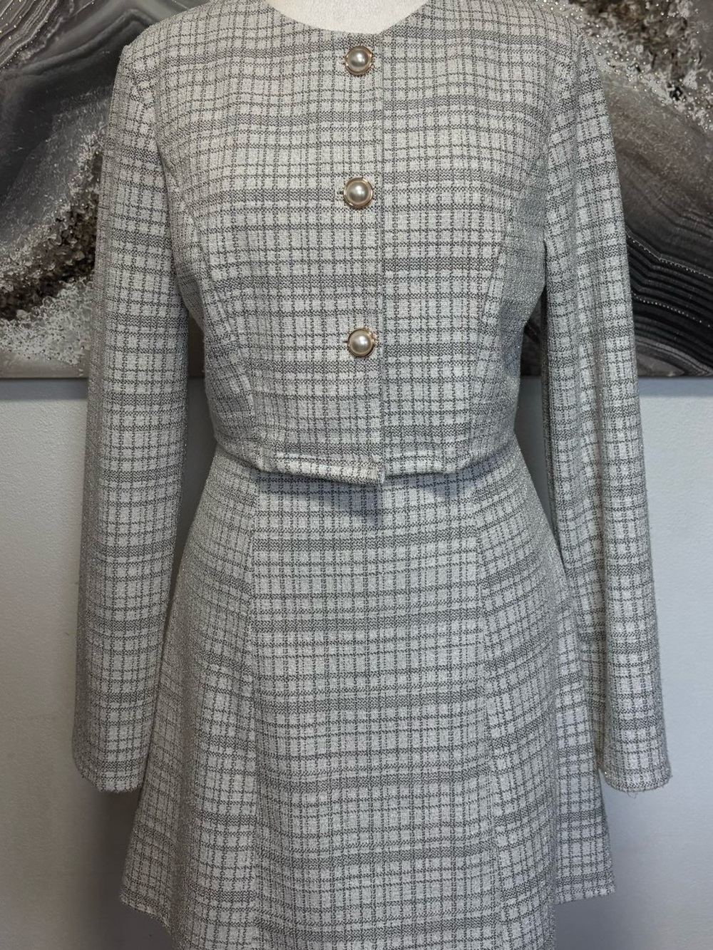SHEIN Gray & Ivory Tweed Pearl-Button Dress Set
